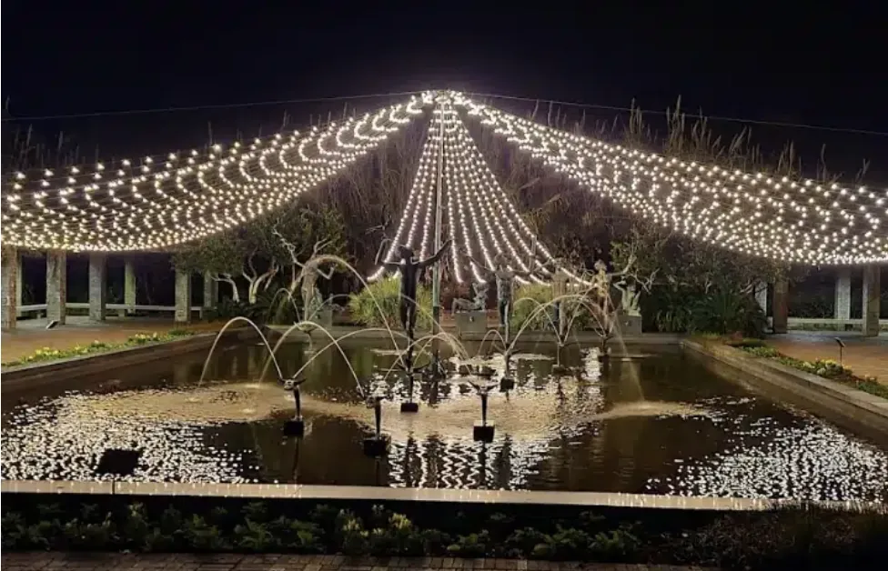 Canopy of string lights stretched over a fountain in a public plaza at night.